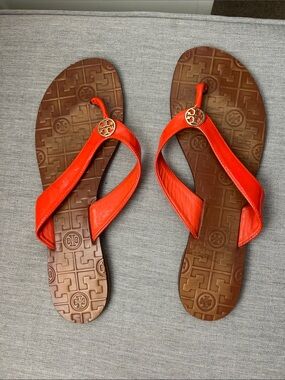 Tory Burch Orange Patent Leather Logo Flip Flops